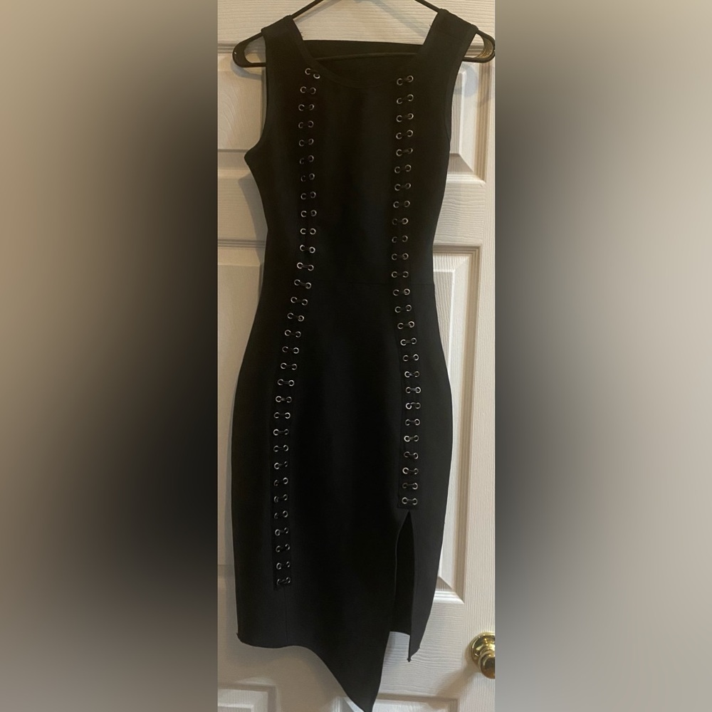 Black Strapless Backless Bodycon Dress with Lace-Up Detailing